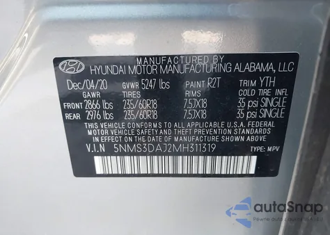 2021 Hyundai Santa Fe Sel from USA, damaged, VIN 5NMS3DAJ2MH311319